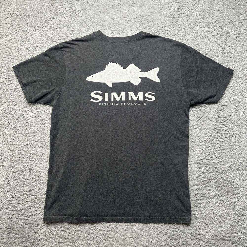 Simms T-Shirt Mens L Charcoal Gray Chest Logo Back Fish Graphic